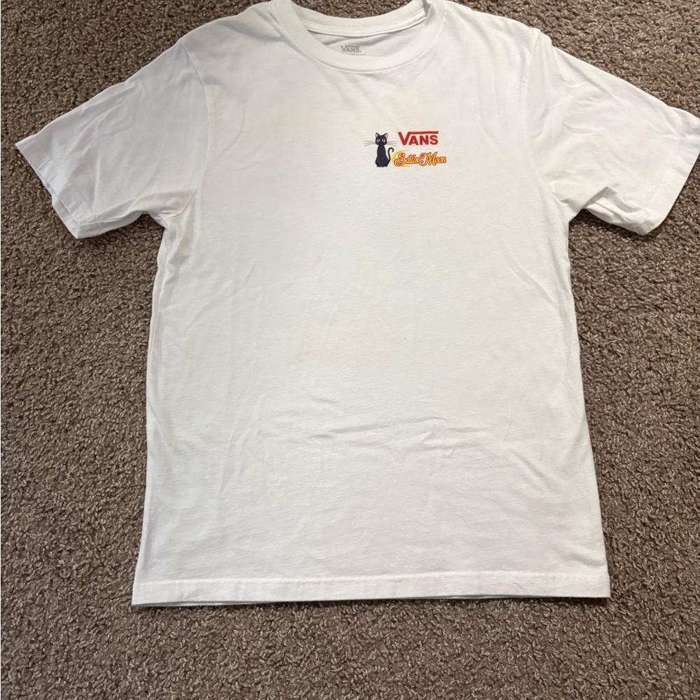 Vans White Short-Sleeve Tee with Small Cat & Logo Graphic